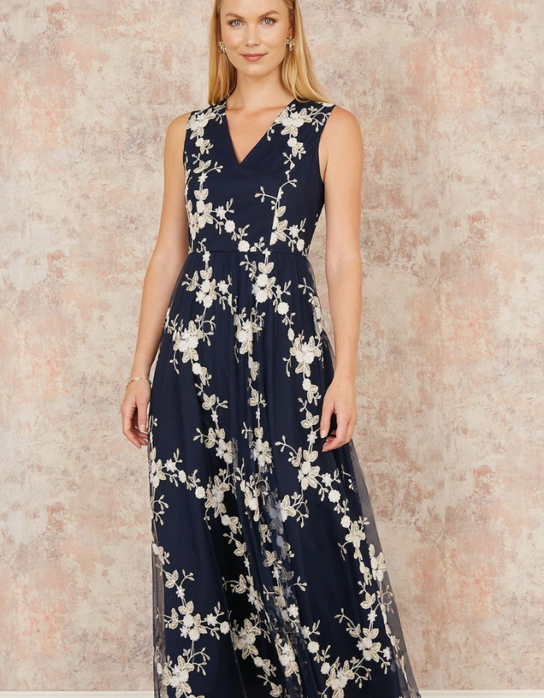 Navy Mesh Embroidered Maxi Dress