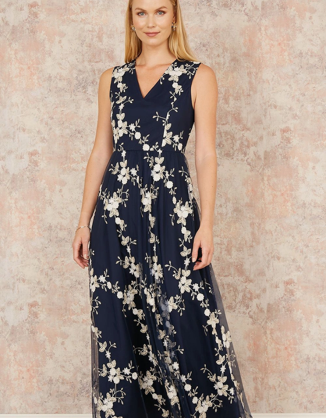 Navy Mesh Embroidered Maxi Dress, 2 of 1