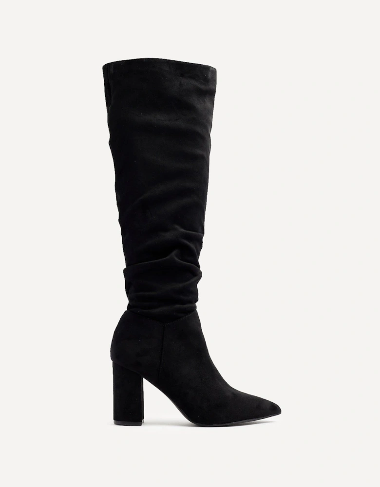 Nina Black Suede Block Heel Knee High Ruched Boot