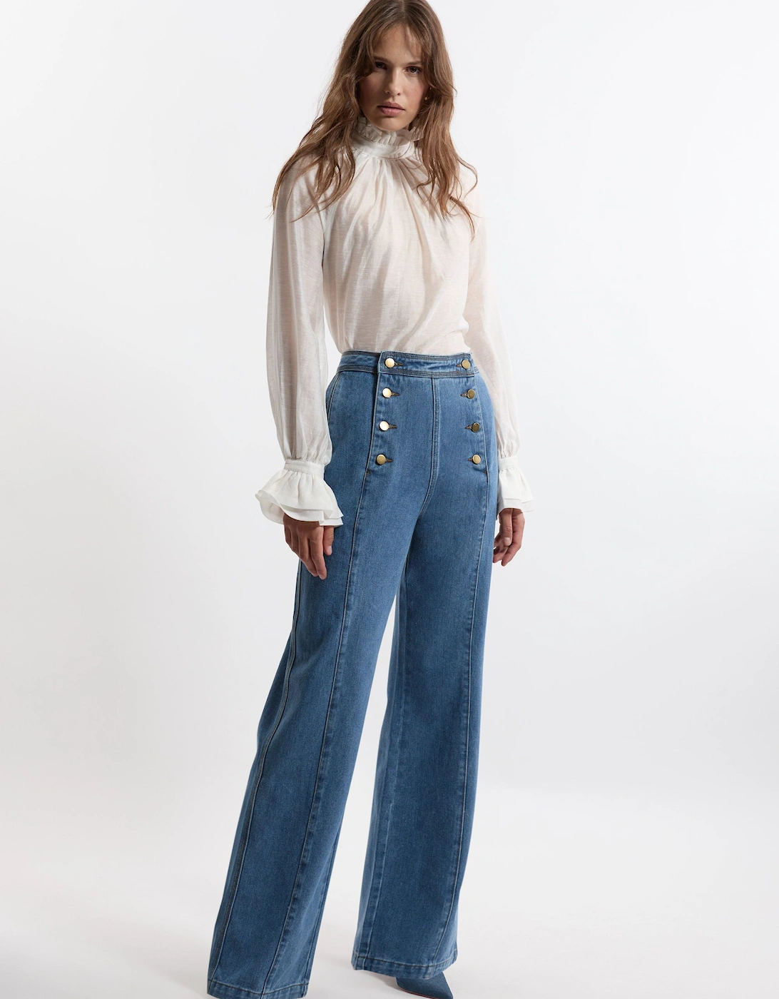 Denim Tailored Button Front Straight Leg Jeans, 2 of 1
