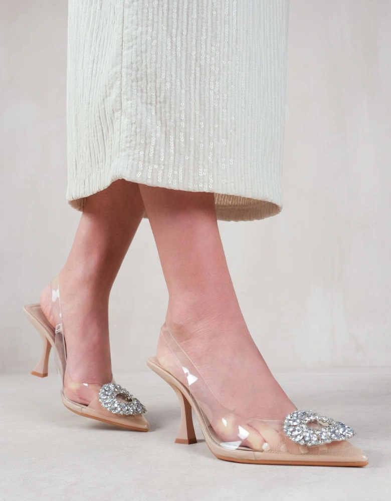 'Opal' Perspex Low Heel Sandals With Embellished Detail