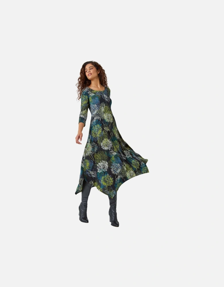Floral Hanky Hem Stretch Midi Dress