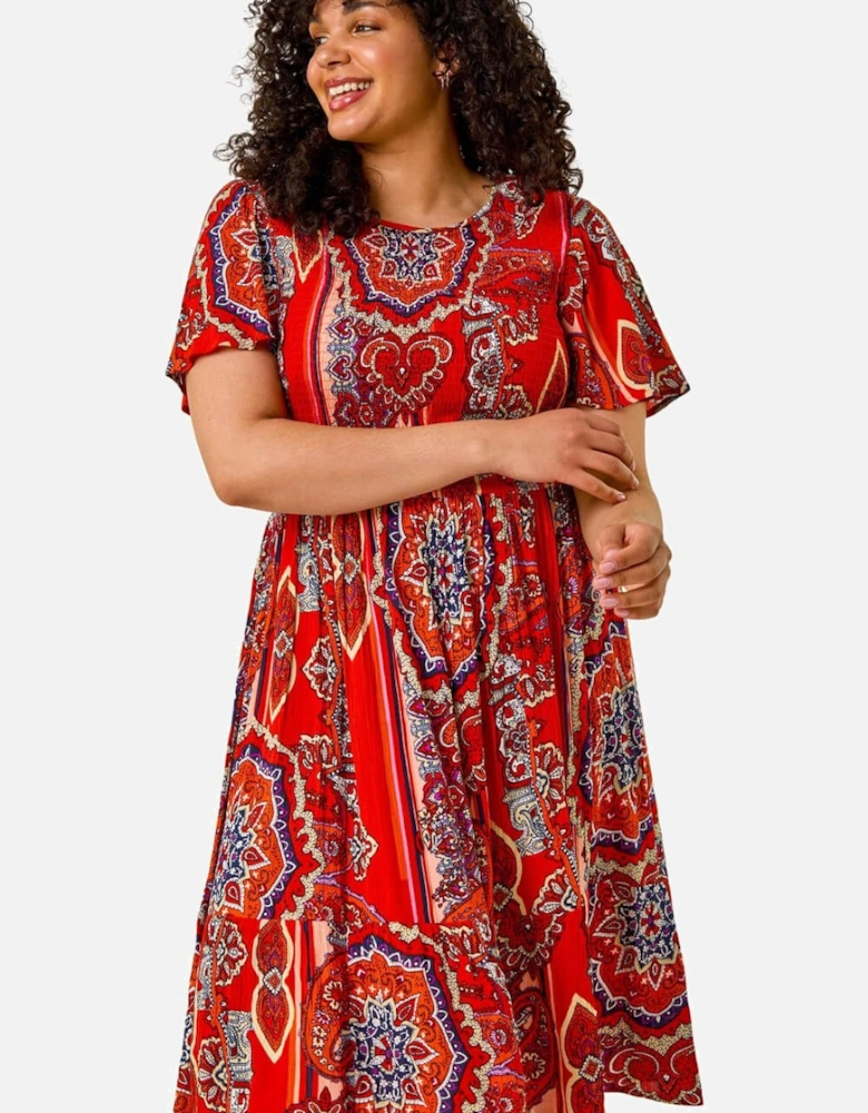 Curve Print Shirred Midi Dress