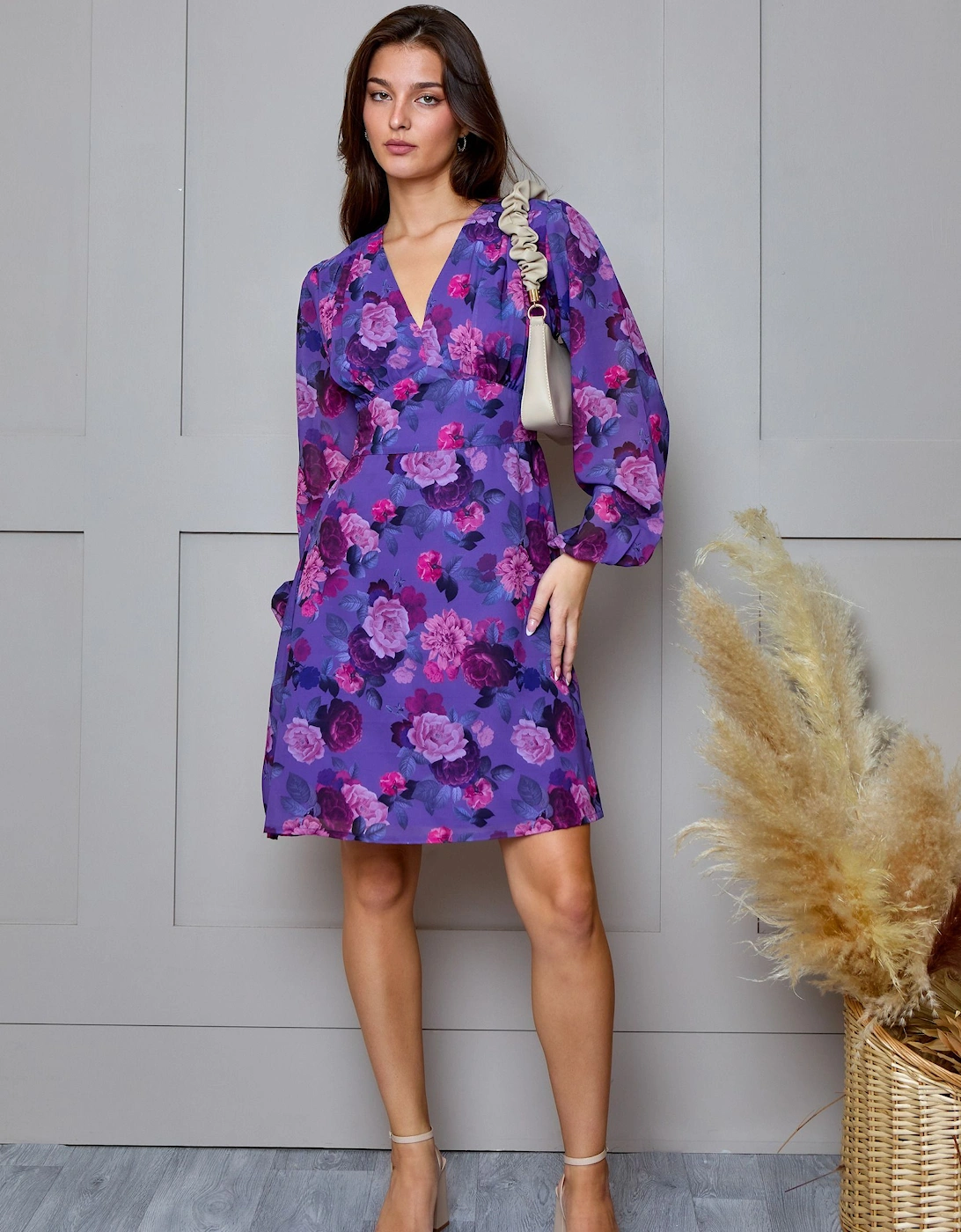 Plus Size V Neck Floral Printed Chiffon Dress in Purple, 2 of 1