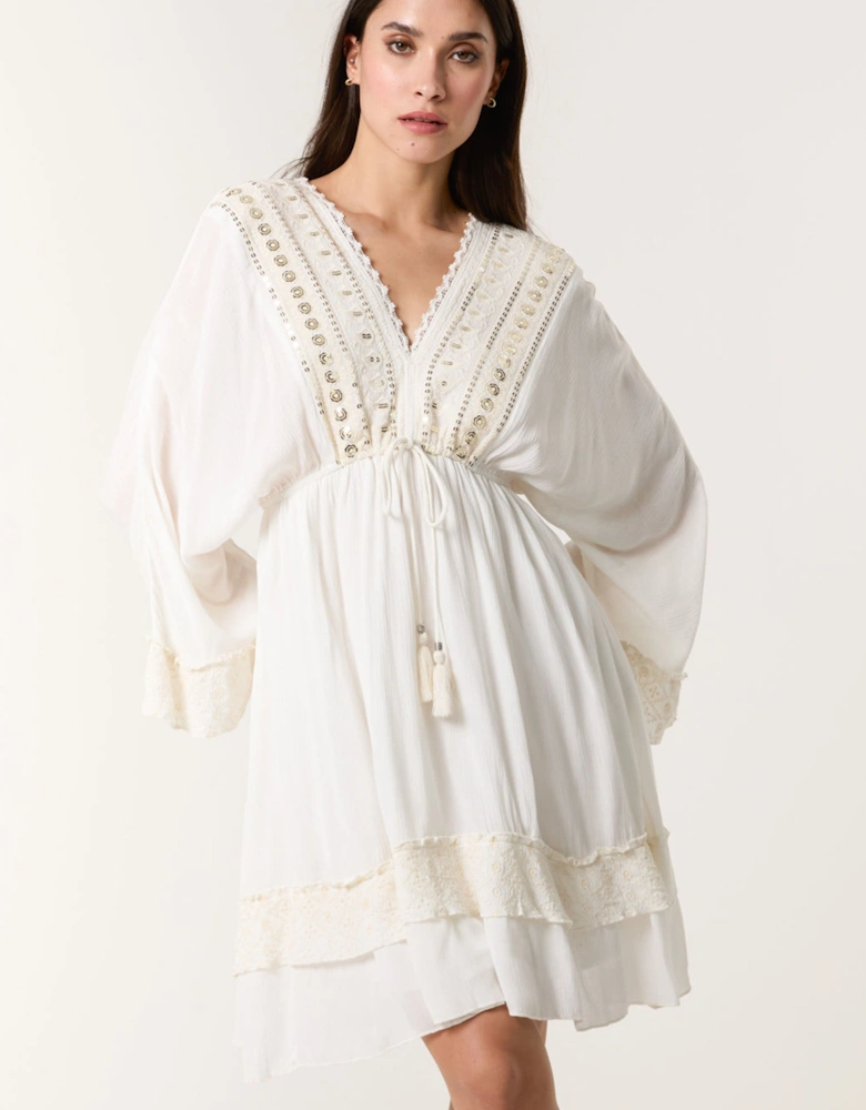 Ivory Embellished Kimono Sleeve Mini Dress