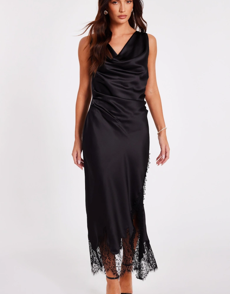 Black Satin Lace Trim Midaxi Dress
