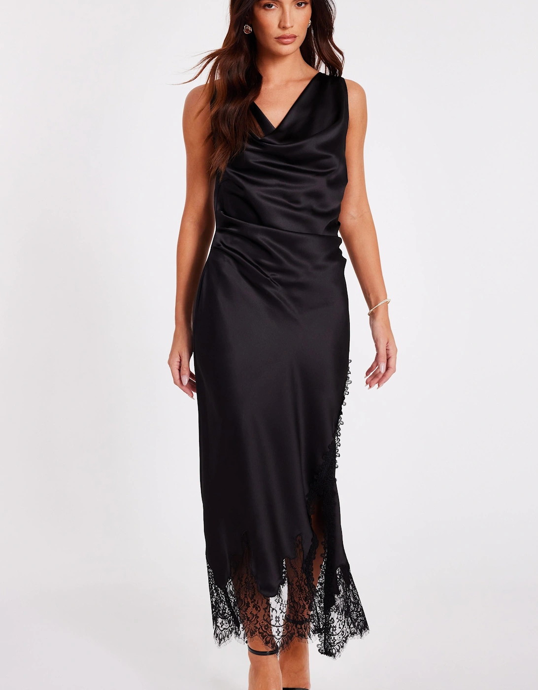 Black Satin Lace Trim Midaxi Dress, 2 of 1