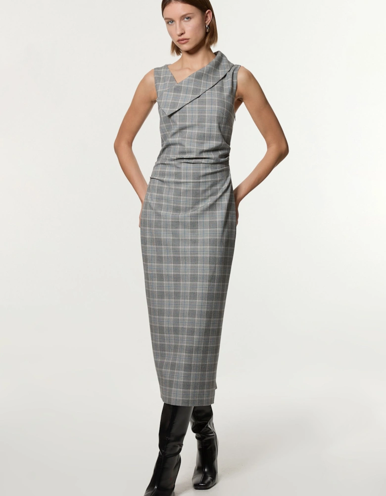 Grey Check Tailored Full Skirted Asymmetrical Maxi Dress