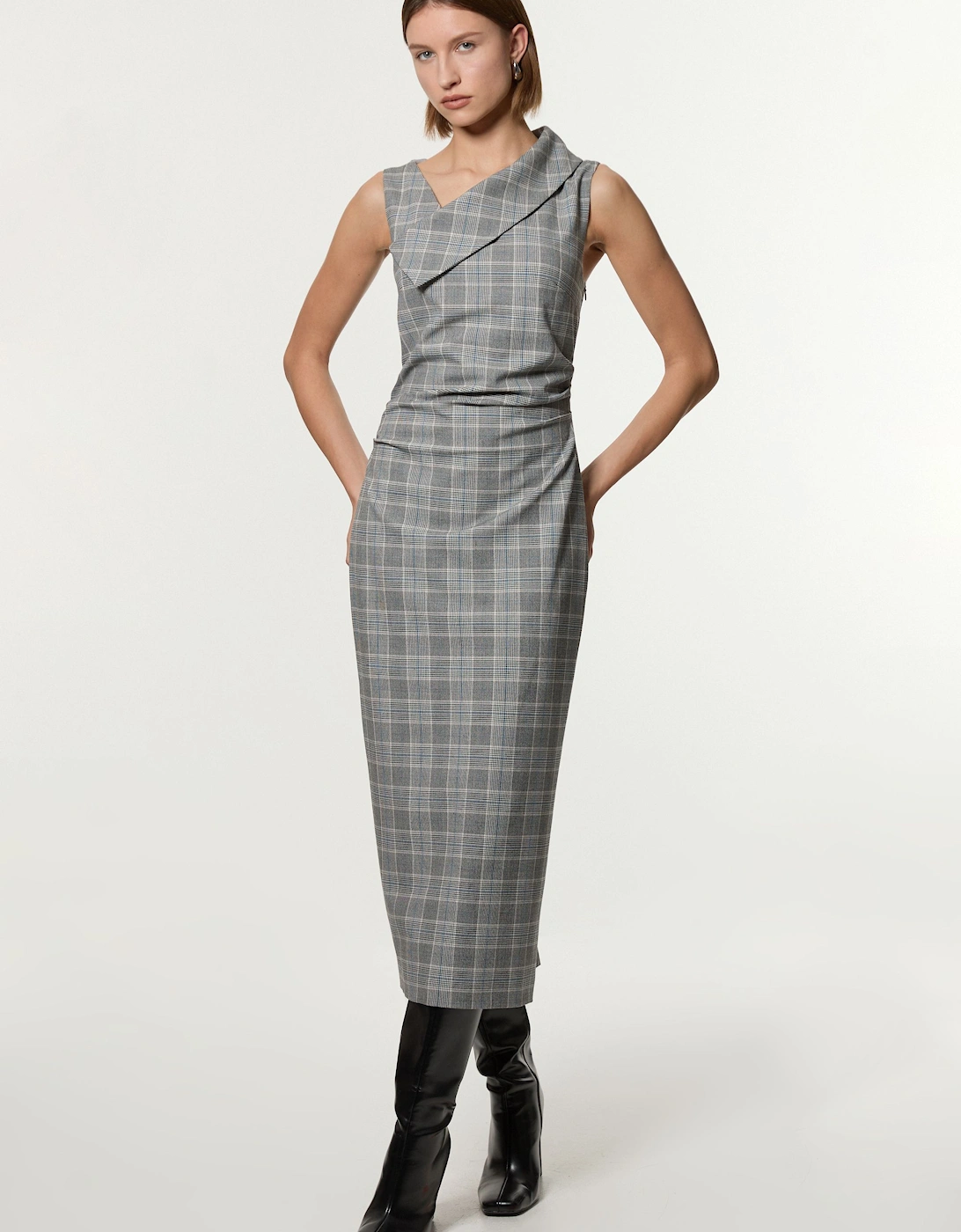 Grey Check Tailored Full Skirted Asymmetrical Maxi Dress, 2 of 1