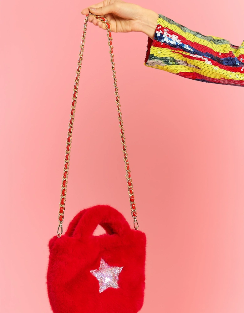 Red Bamboo Lyocell Faux Fur Sequins Star Bag