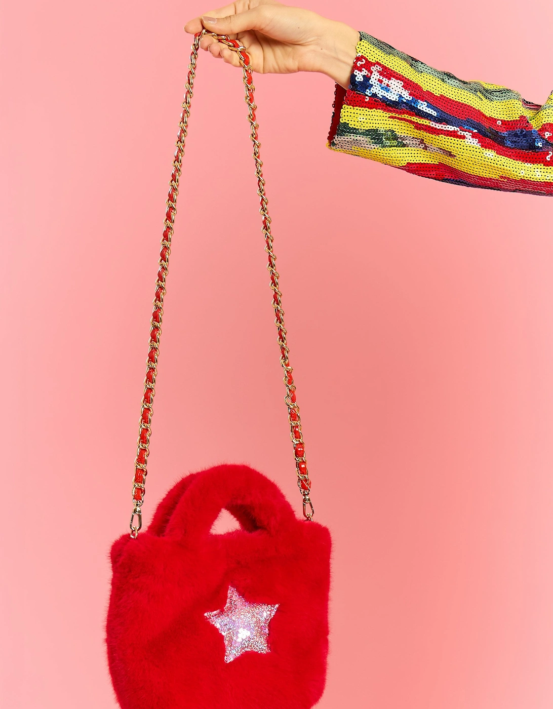 Red Bamboo Lyocell Faux Fur Sequins Star Bag