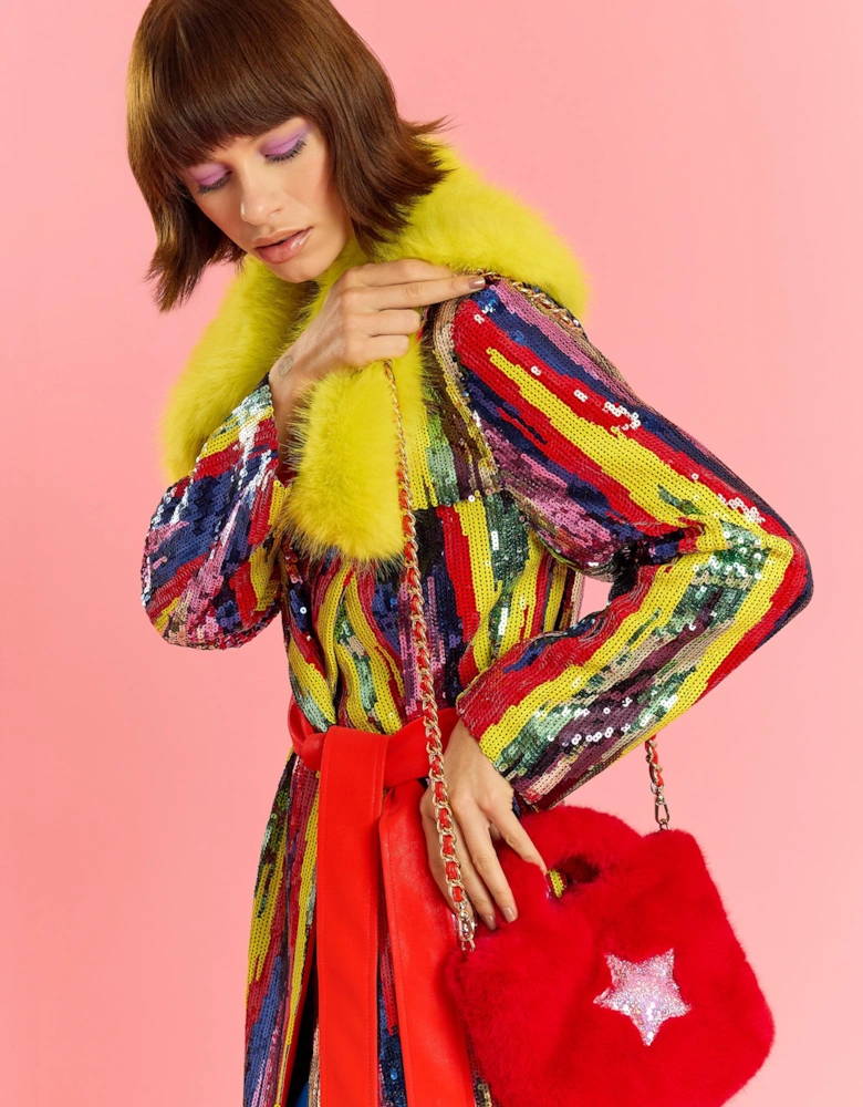 Red Bamboo Lyocell Faux Fur Sequins Star Bag