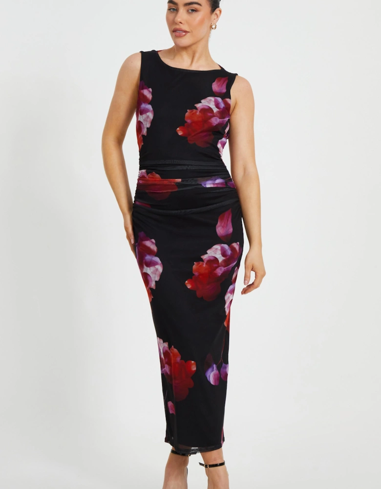 Black Petite Mesh Floral Midaxi Dress