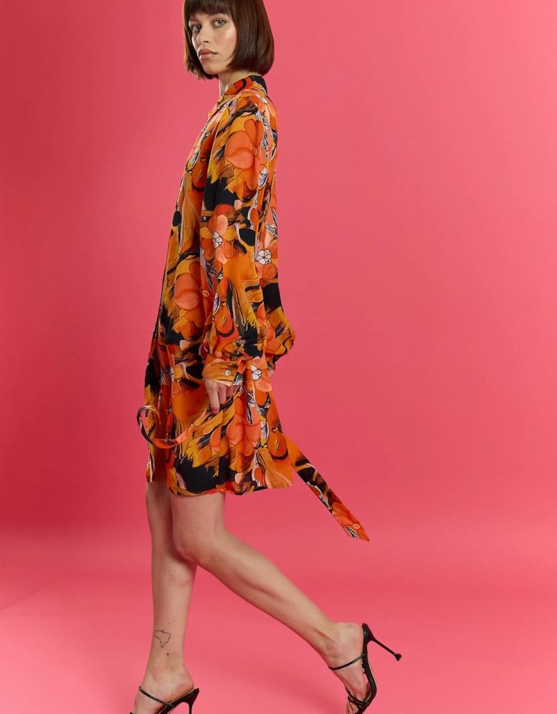 The Lauren Orange Soft Silk Blend Floral Midi Shirt Belt Dress