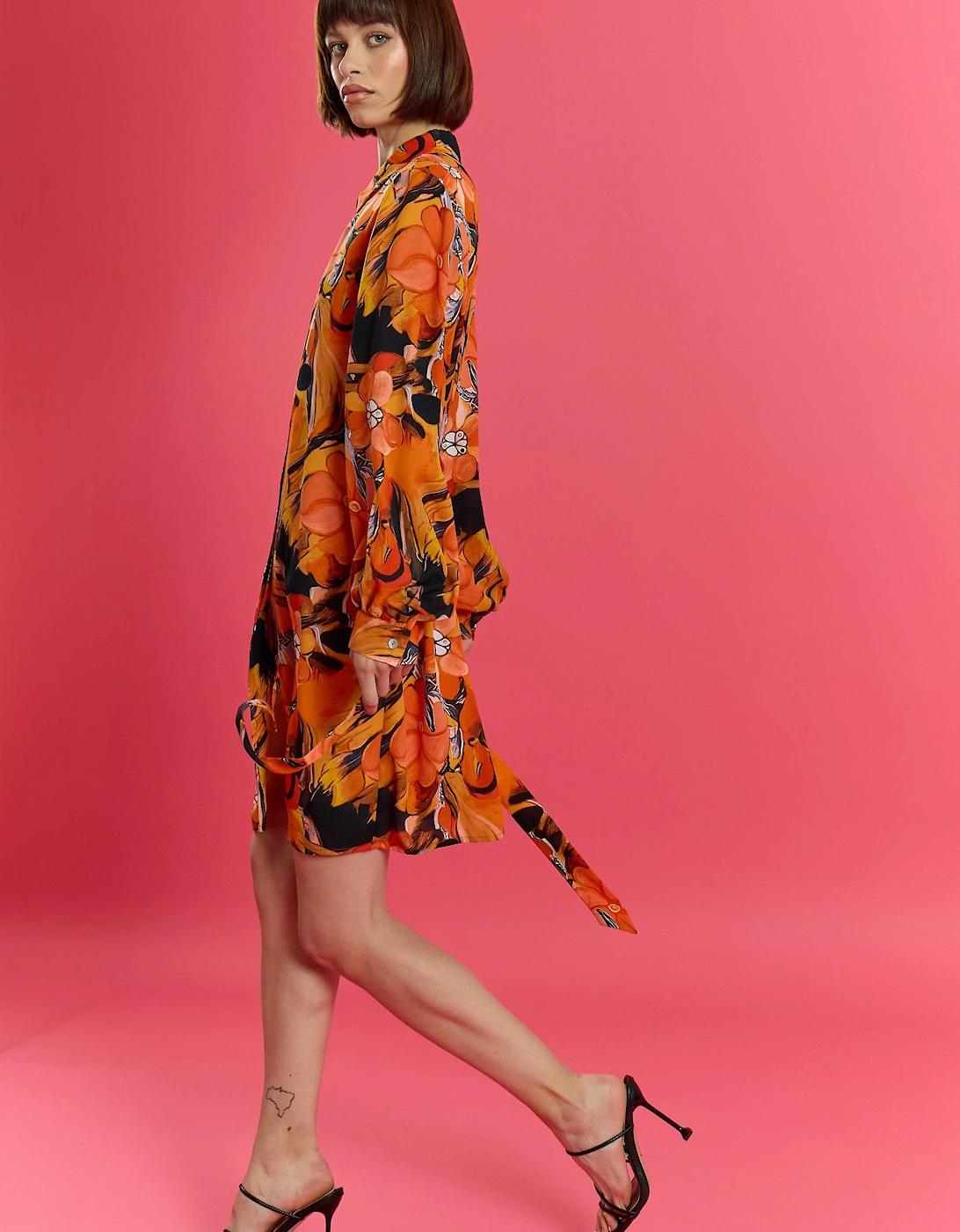 The Lauren Orange Soft Silk Blend Floral Midi Shirt Belt Dress