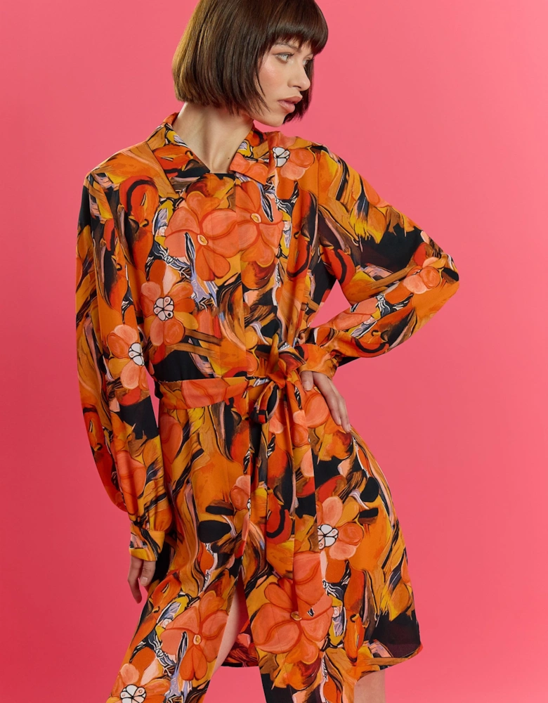 The Lauren Orange Soft Silk Blend Floral Midi Shirt Belt Dress