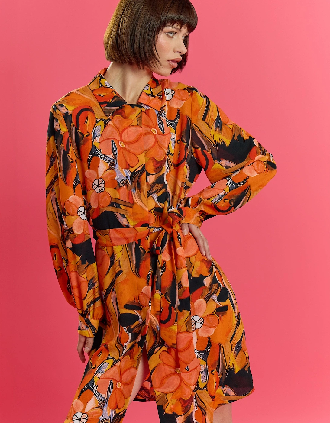 The Lauren Orange Soft Silk Blend Floral Midi Shirt Belt Dress, 6 of 5