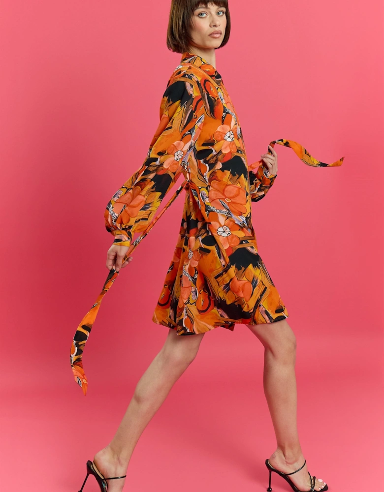 The Lauren Orange Soft Silk Blend Floral Midi Shirt Belt Dress