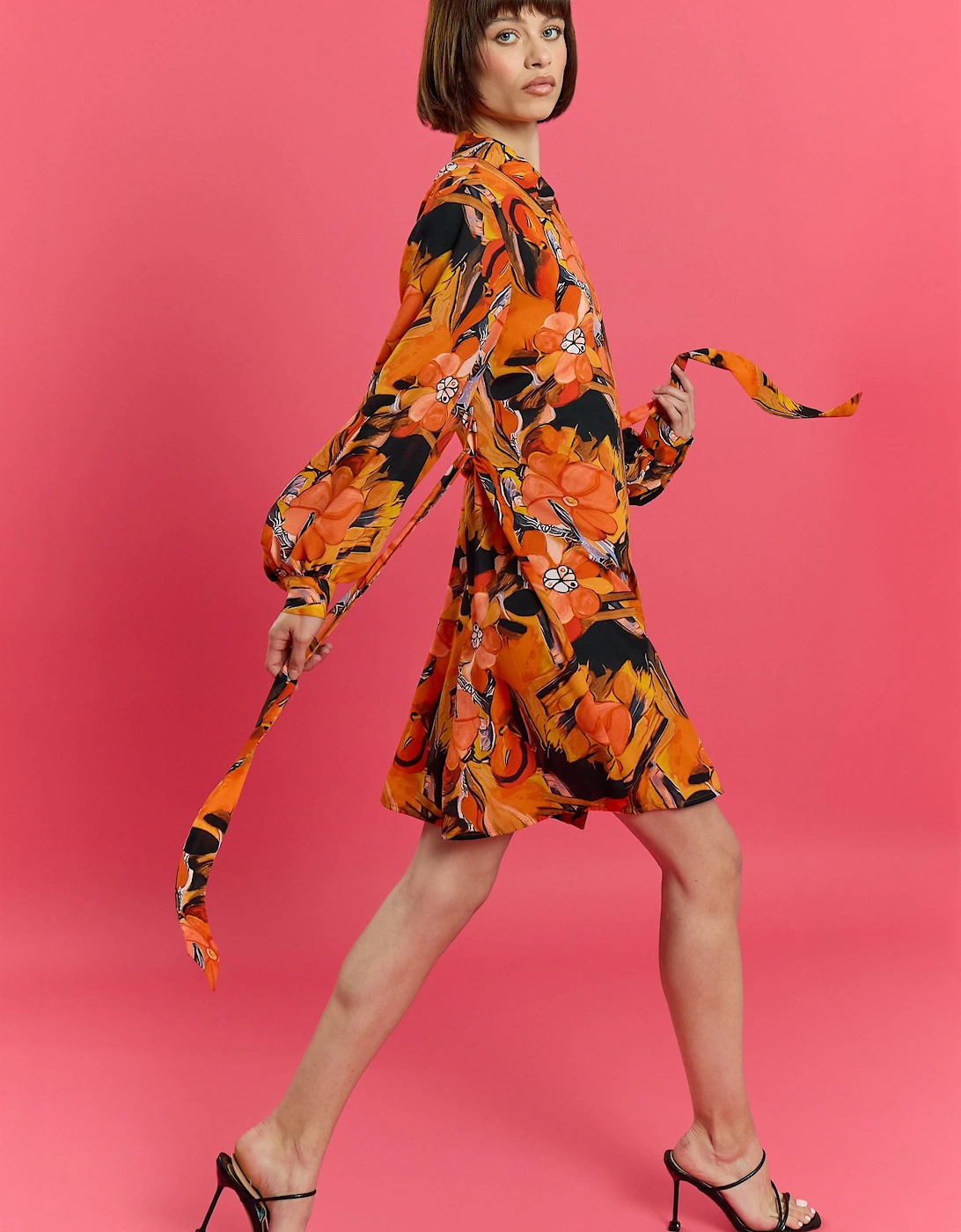 The Lauren Orange Soft Silk Blend Floral Midi Shirt Belt Dress