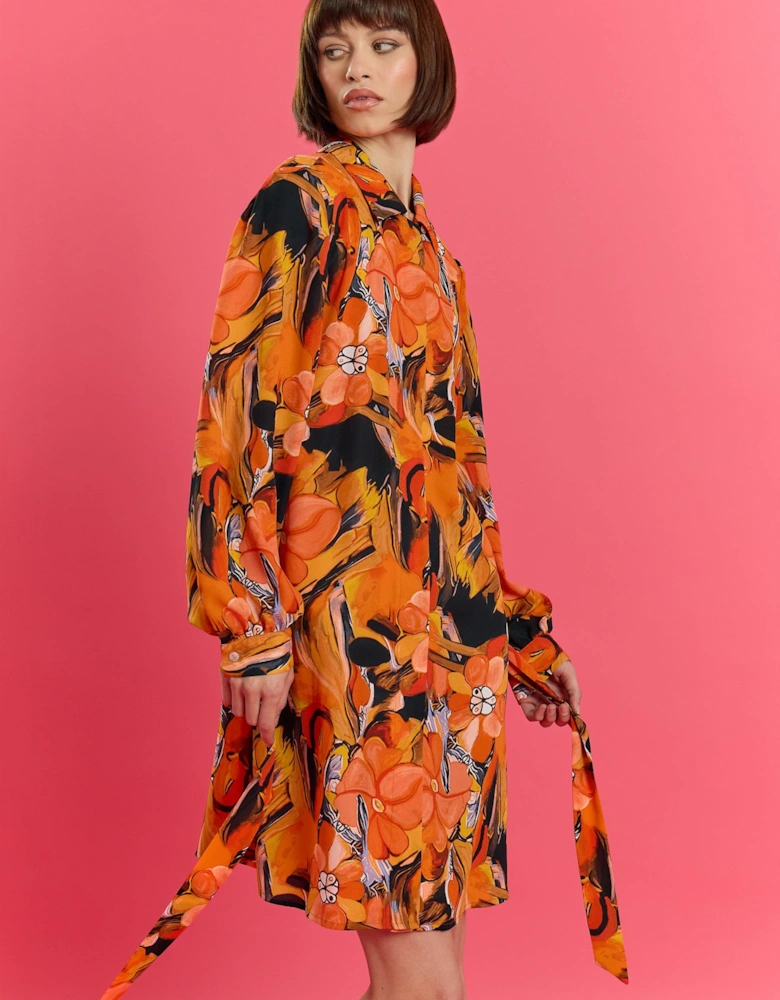The Lauren Orange Soft Silk Blend Floral Midi Shirt Belt Dress