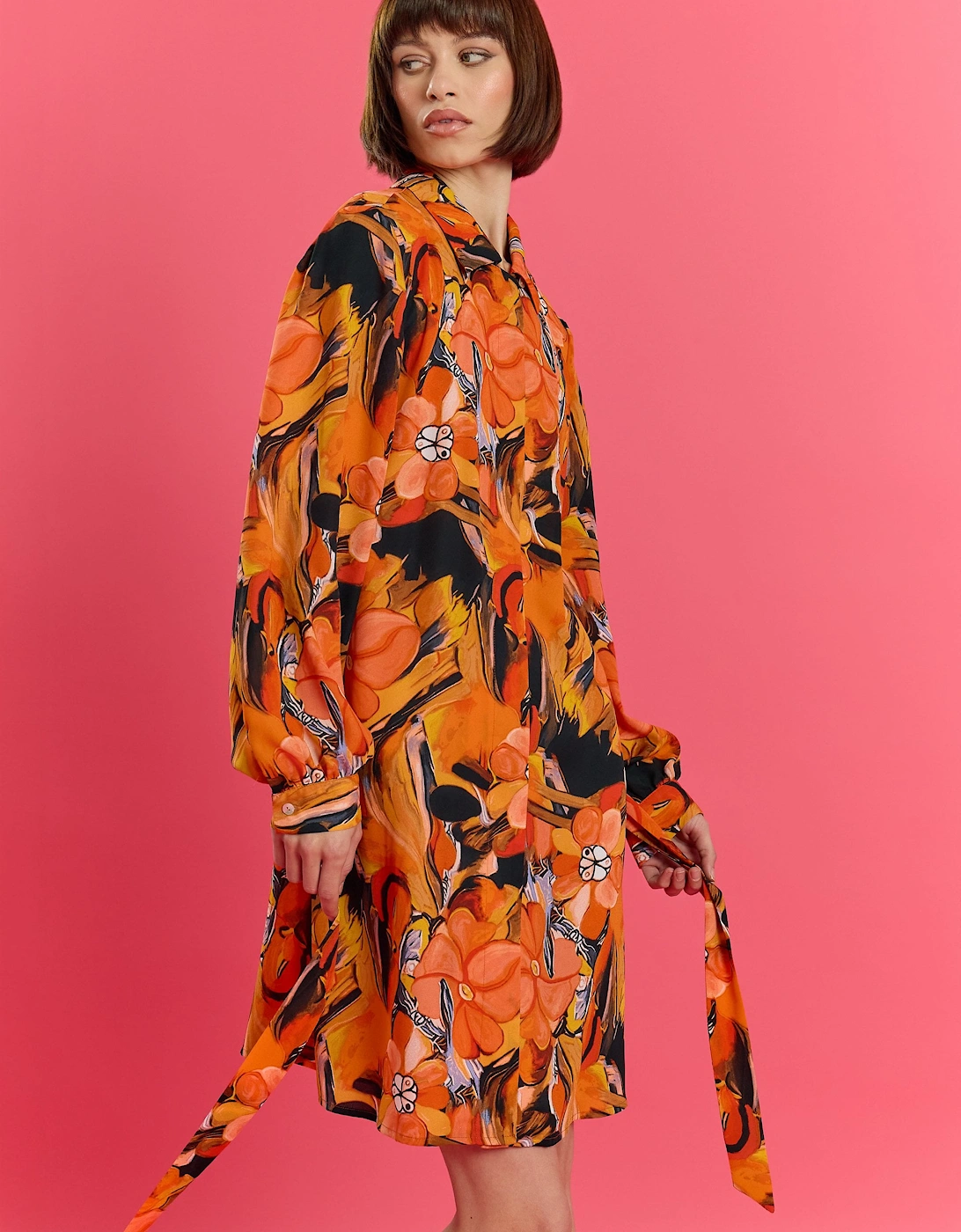 The Lauren Orange Soft Silk Blend Floral Midi Shirt Belt Dress
