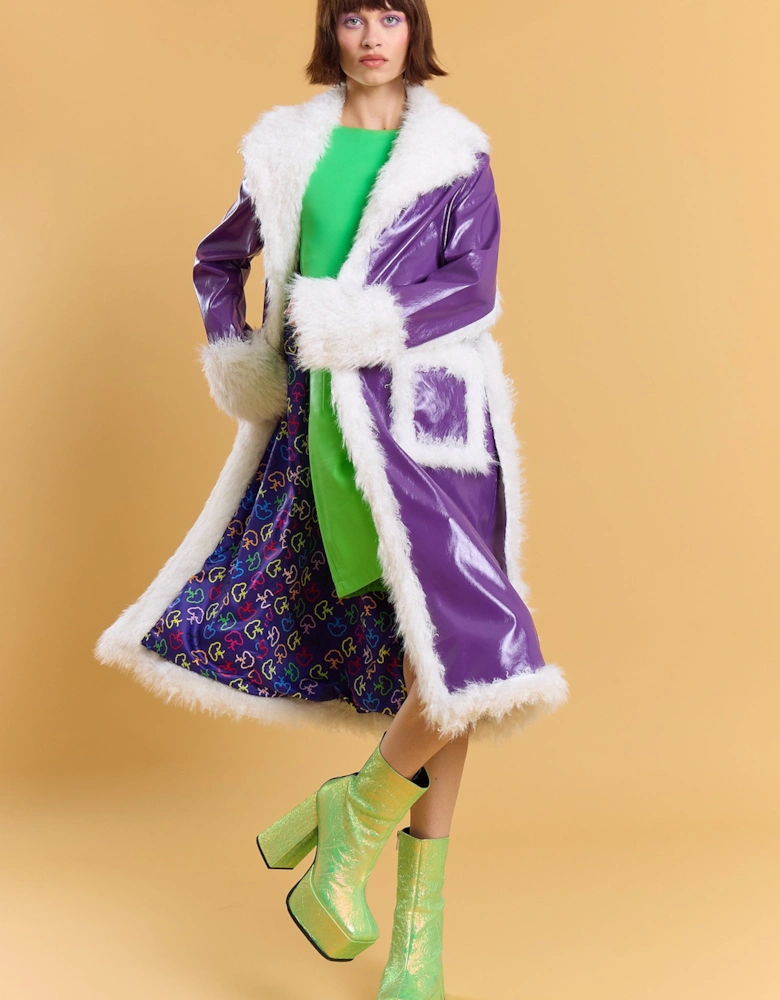Purple Metallic Faux Leather Faux Fur Trim TrenchCoat
