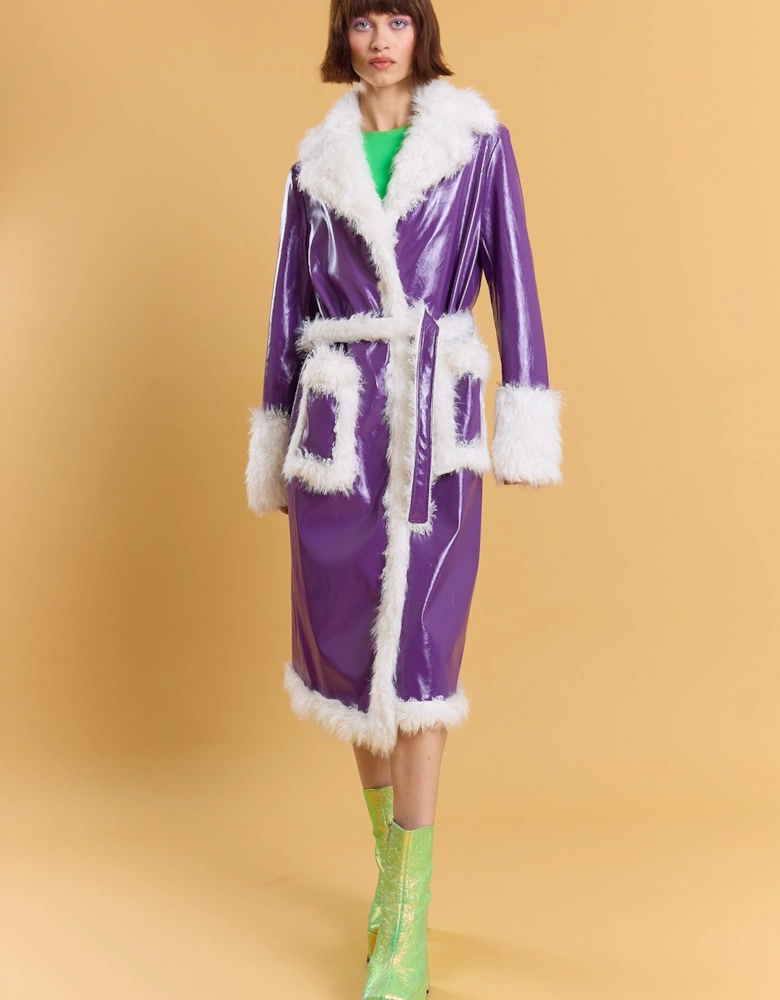 Purple Metallic Faux Leather Faux Fur Trim TrenchCoat