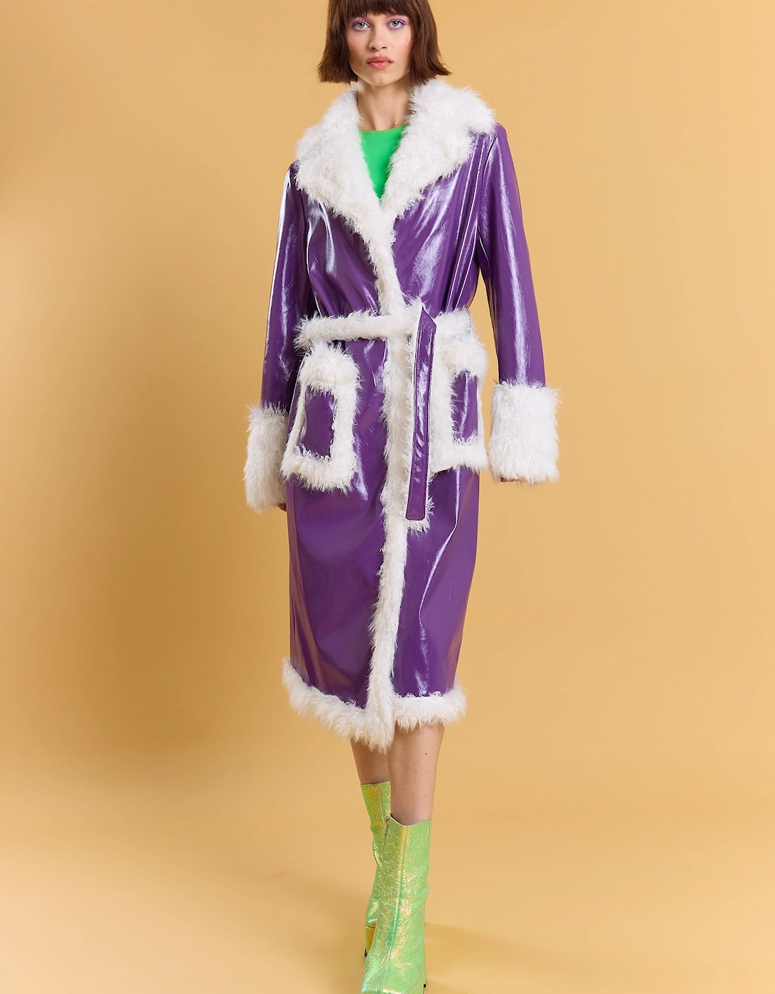 Purple Metallic Faux Leather Faux Fur Trim TrenchCoat, 6 of 5