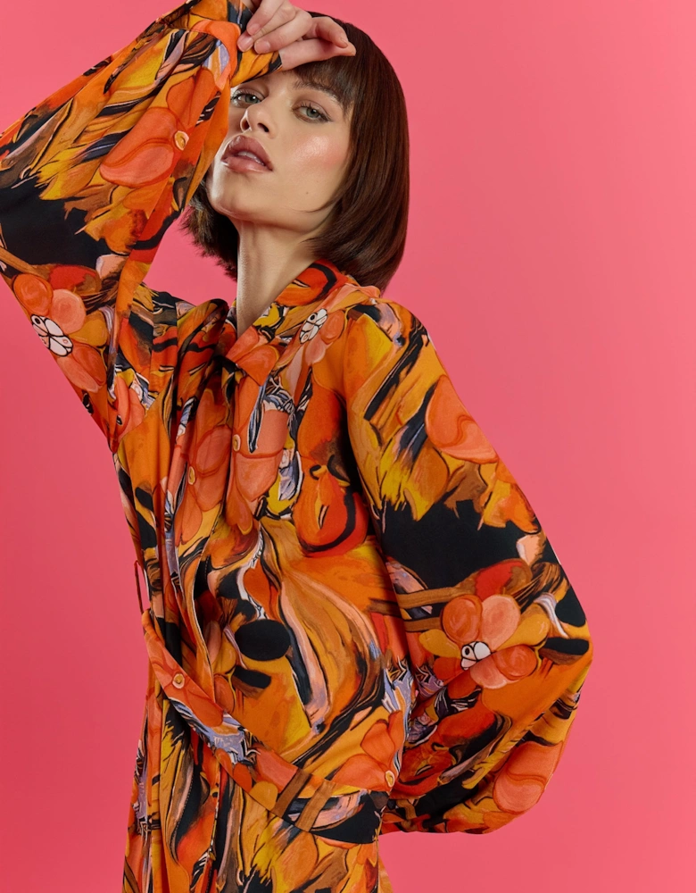 The Lauren Orange Soft Silk Blend Floral Midi Shirt Belt Dress