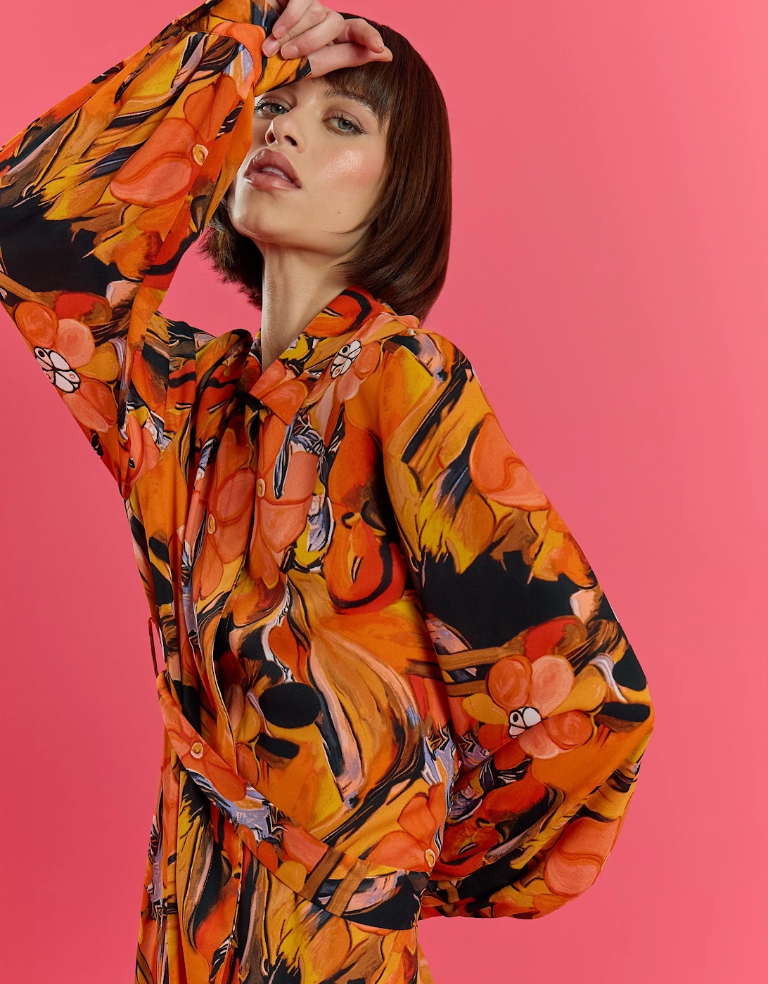 The Lauren Orange Soft Silk Blend Floral Midi Shirt Belt Dress