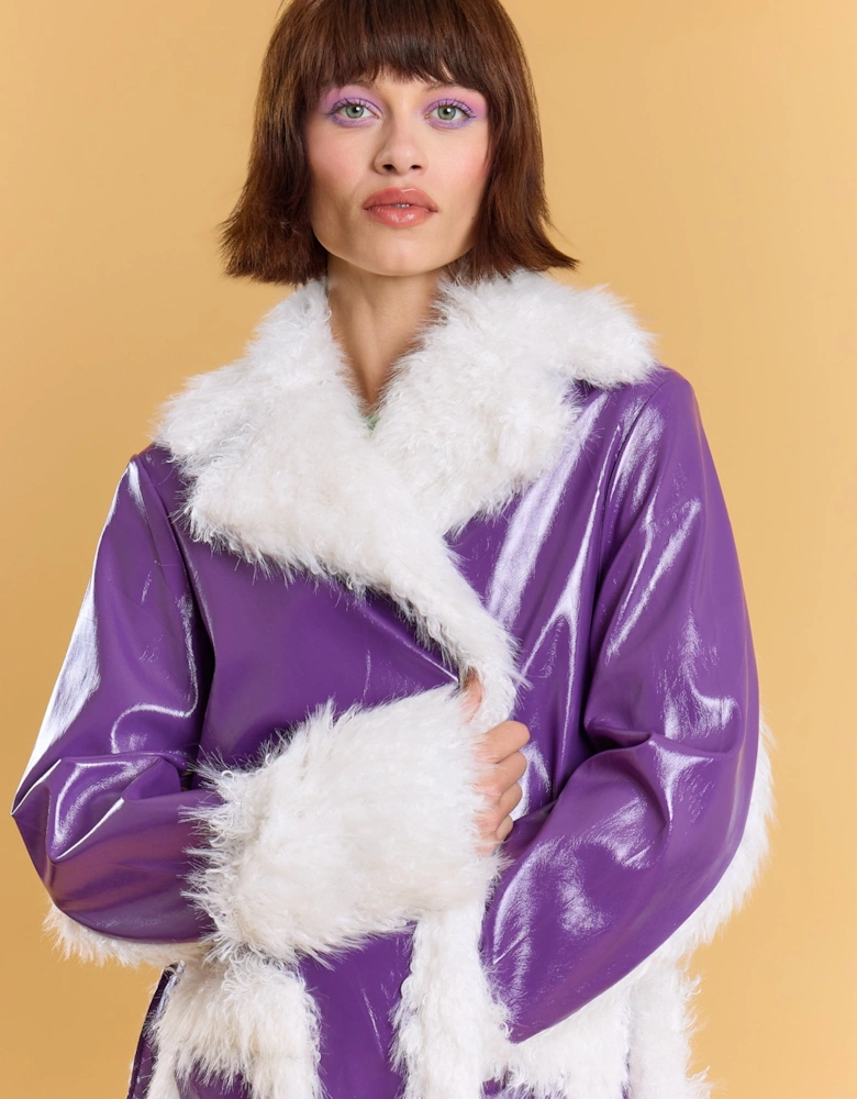 Purple Metallic Faux Leather Faux Fur Trim TrenchCoat