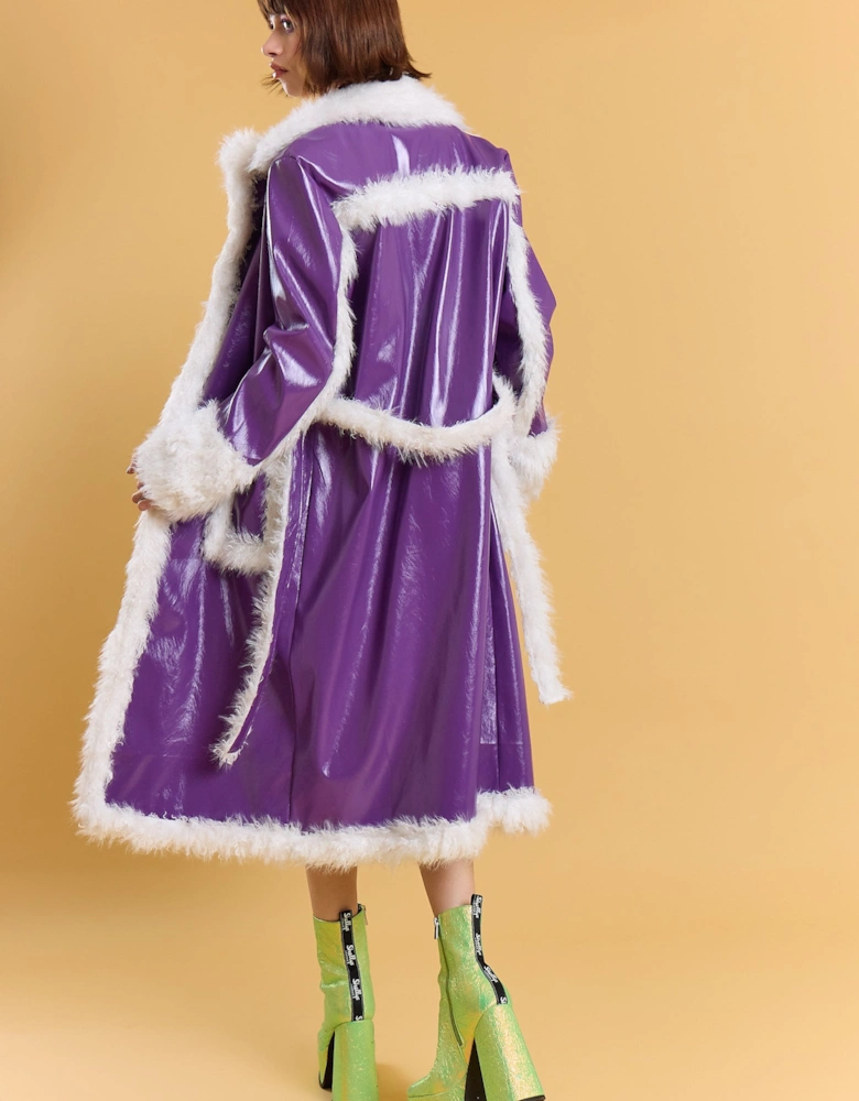 Purple Metallic Faux Leather Faux Fur Trim TrenchCoat