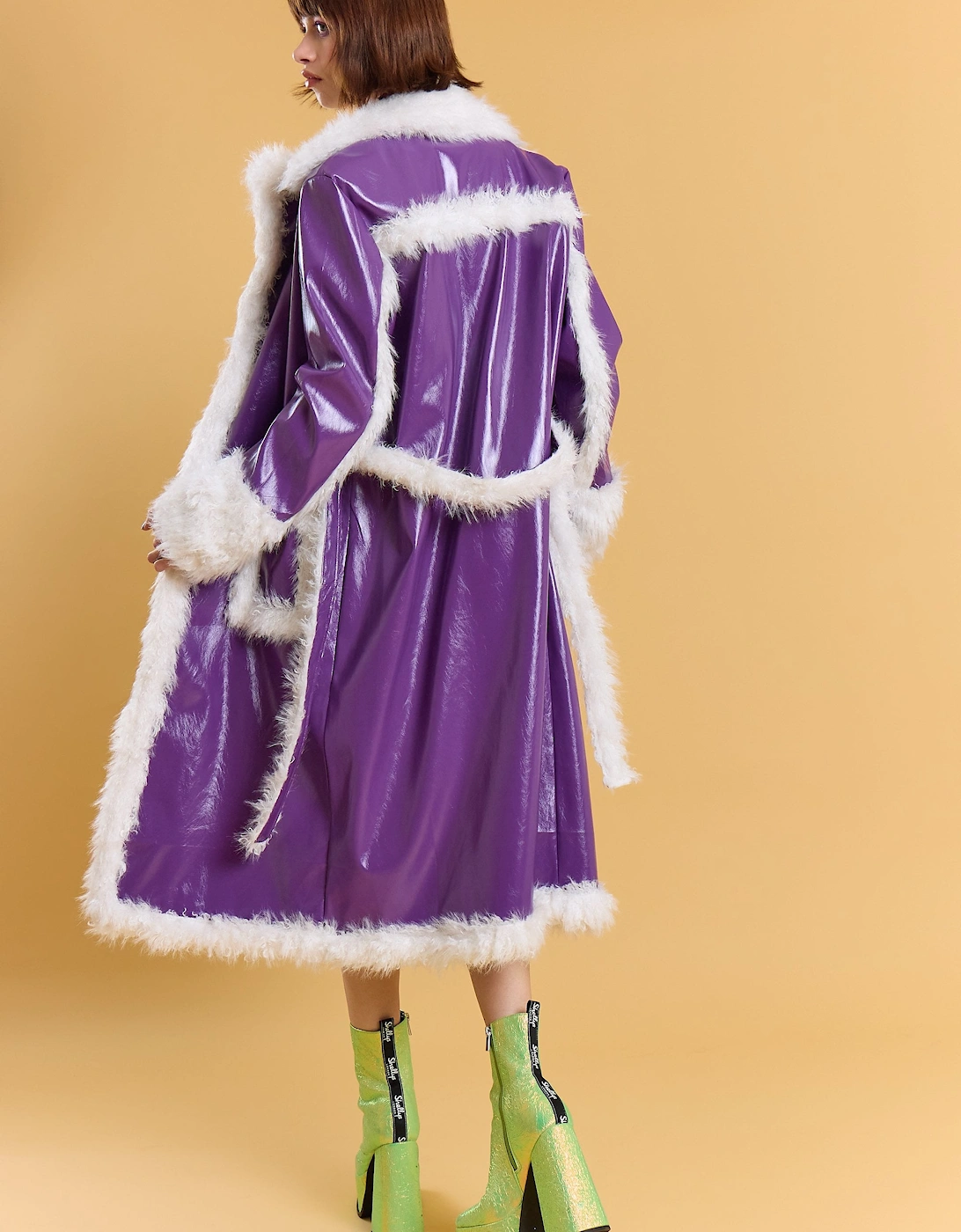 Purple Metallic Faux Leather Faux Fur Trim TrenchCoat