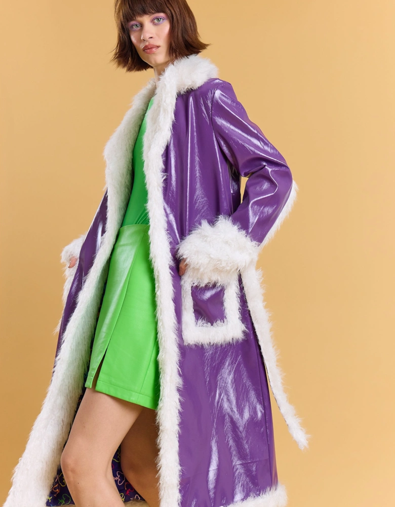 Purple Metallic Faux Leather Faux Fur Trim TrenchCoat
