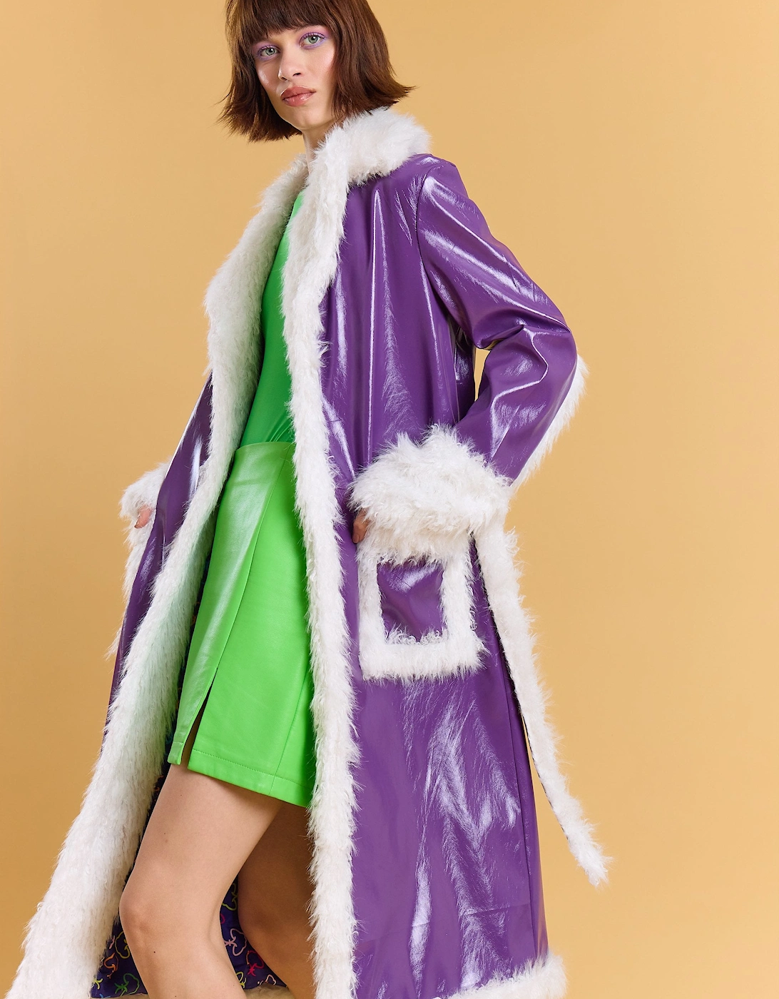 Purple Metallic Faux Leather Faux Fur Trim TrenchCoat