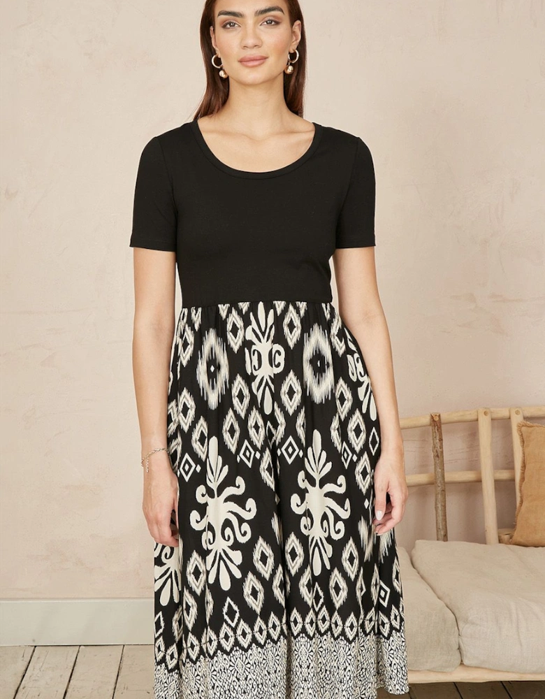 Black Jersey Stretch Top And Ikat Skirt Midi Dress