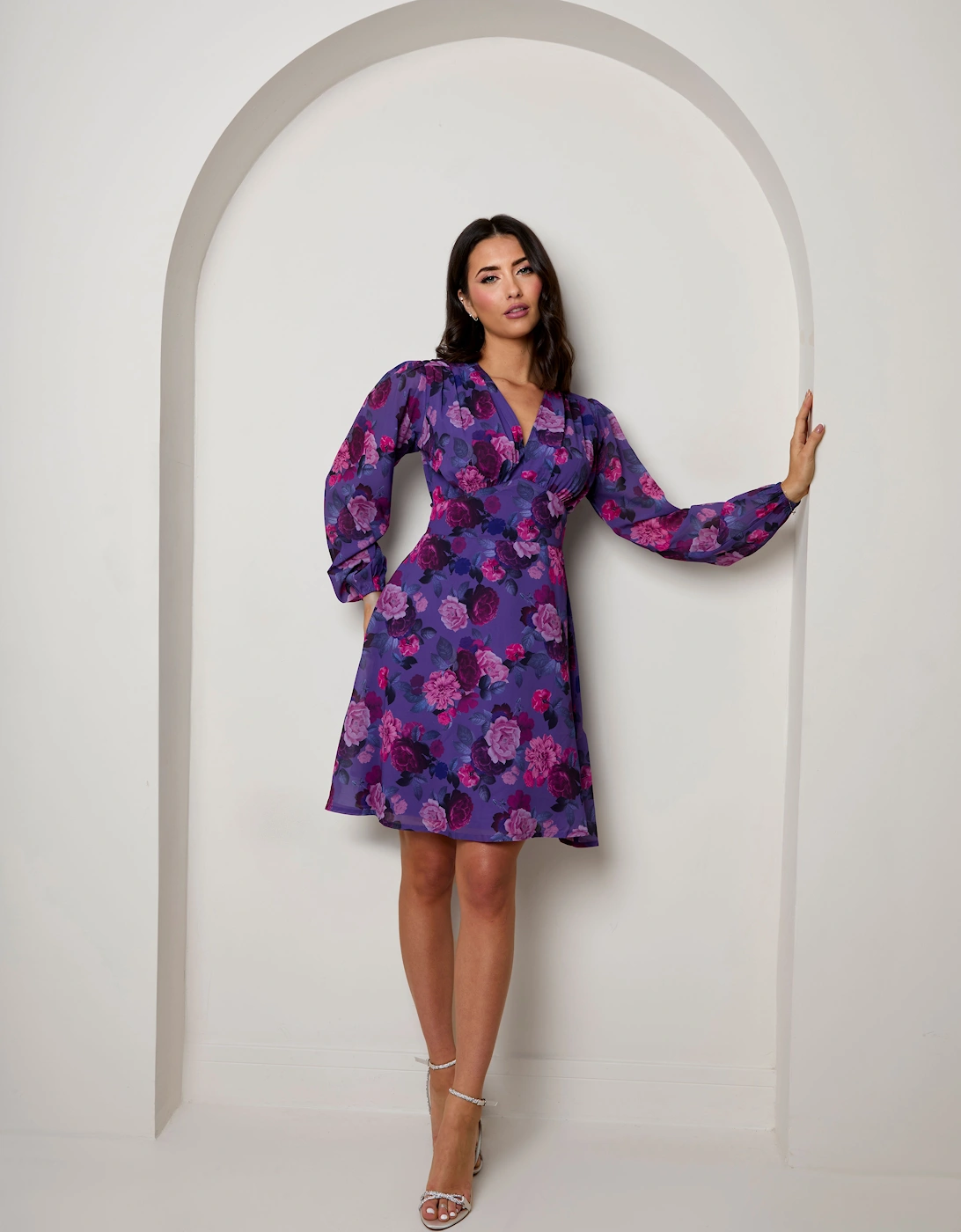 Floral Georgette Mini Dress in Purple, 2 of 1