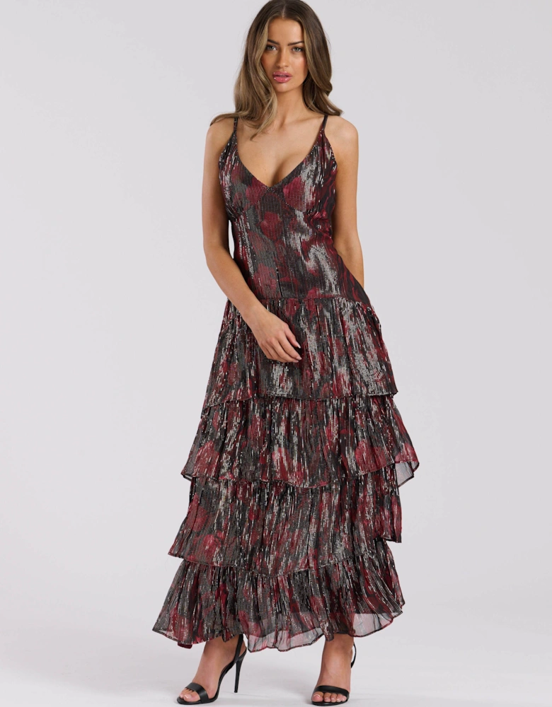 Printed Metallic Ruffle Strappy Shoulder Maxi Dress