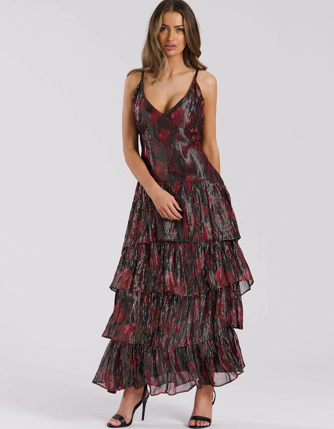 Printed Metallic Ruffle Strappy Shoulder Maxi Dress, 2 of 1