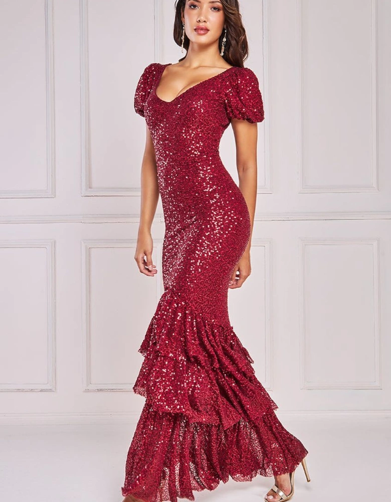 Puff Sleeve Tiered Hem Maxi Dress