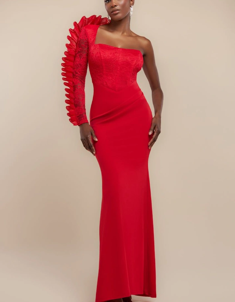 One Shoulder Organza  Fan Detail Lace Bodice Maxi Dress