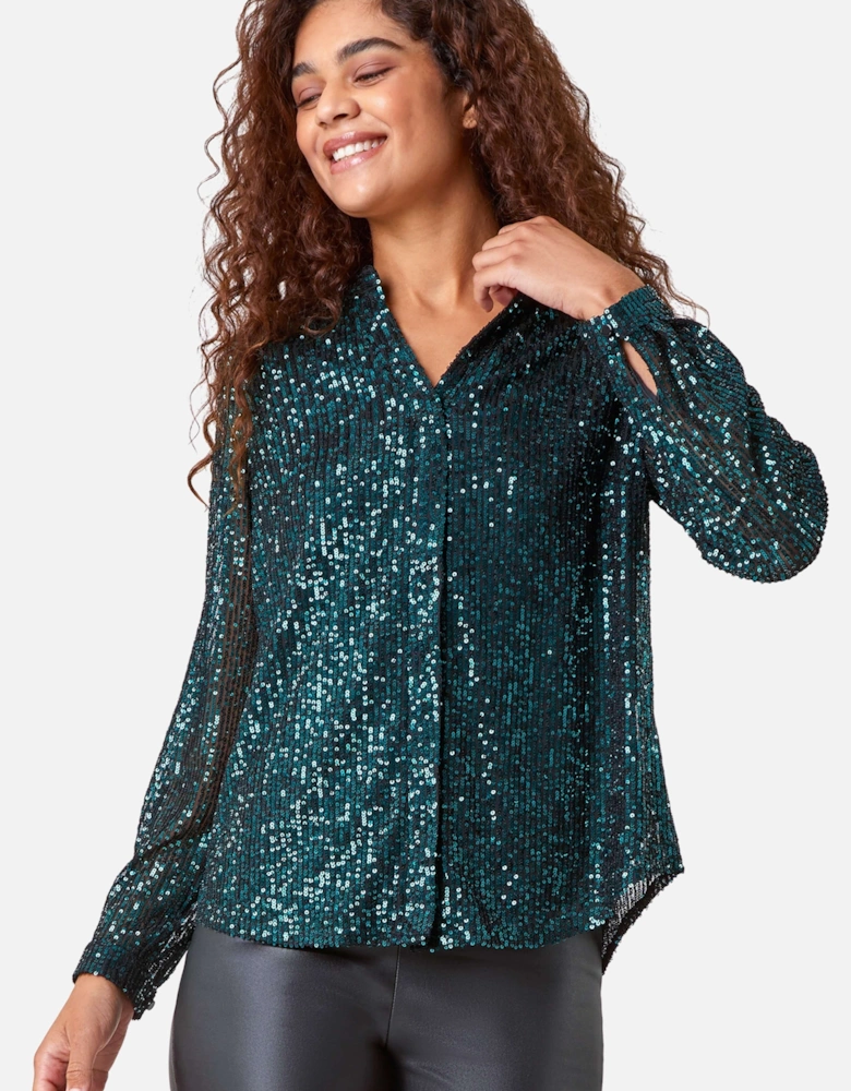 Sequin V-Neck Stretch Blouse