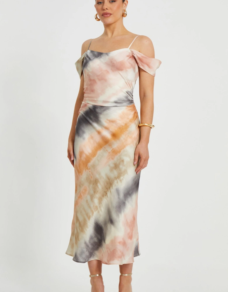 Multi Petite Satin Marble Print Midaxi Dress