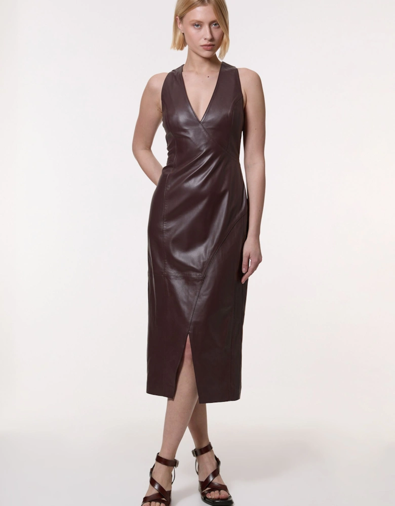 Leather Wrap Seam Pencil Midi Dress