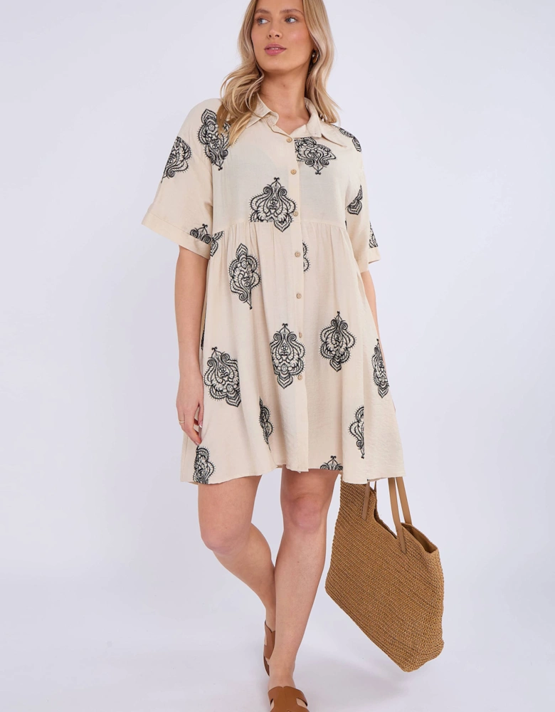Beige Embroidery Smock Oversized Mini Shirt Dress