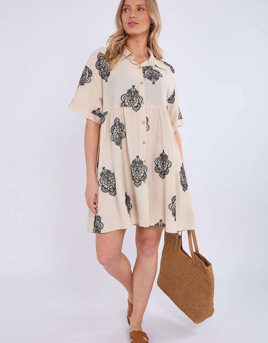 Beige Embroidery Smock Oversized Mini Shirt Dress, 2 of 1