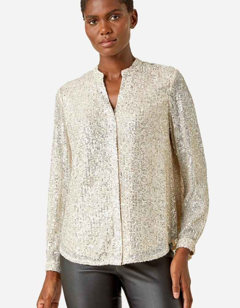 Sequin V-Neck Stretch Blouse