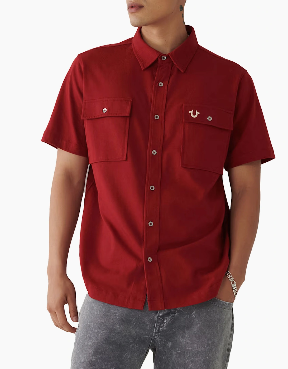 Men's True Religion Mens Shirts Short Sleeve - Red - Size: Regular/36