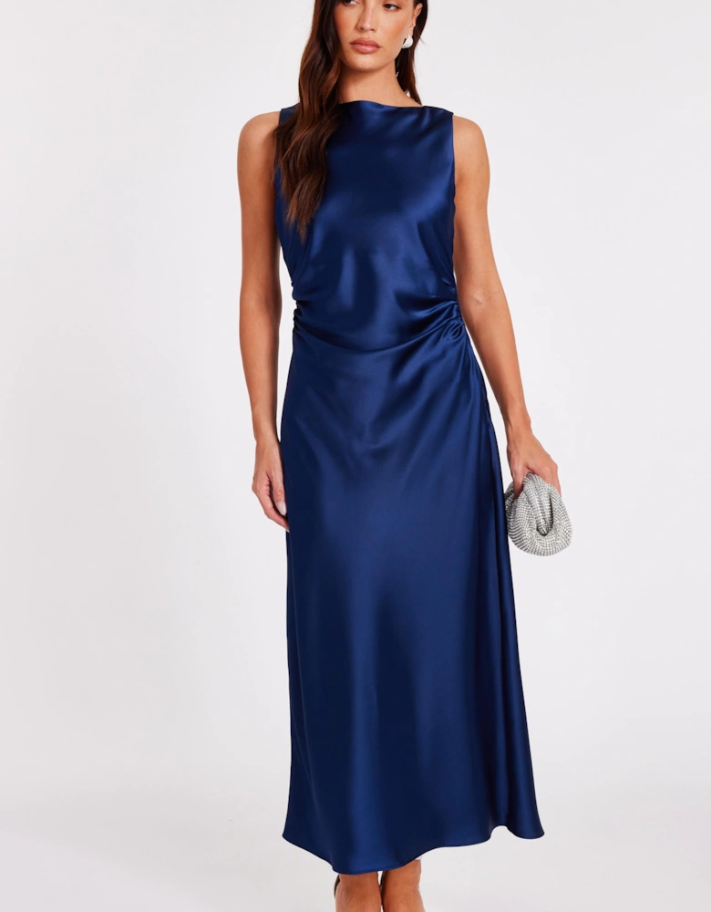 Navy Satin Ruched Midi Dress