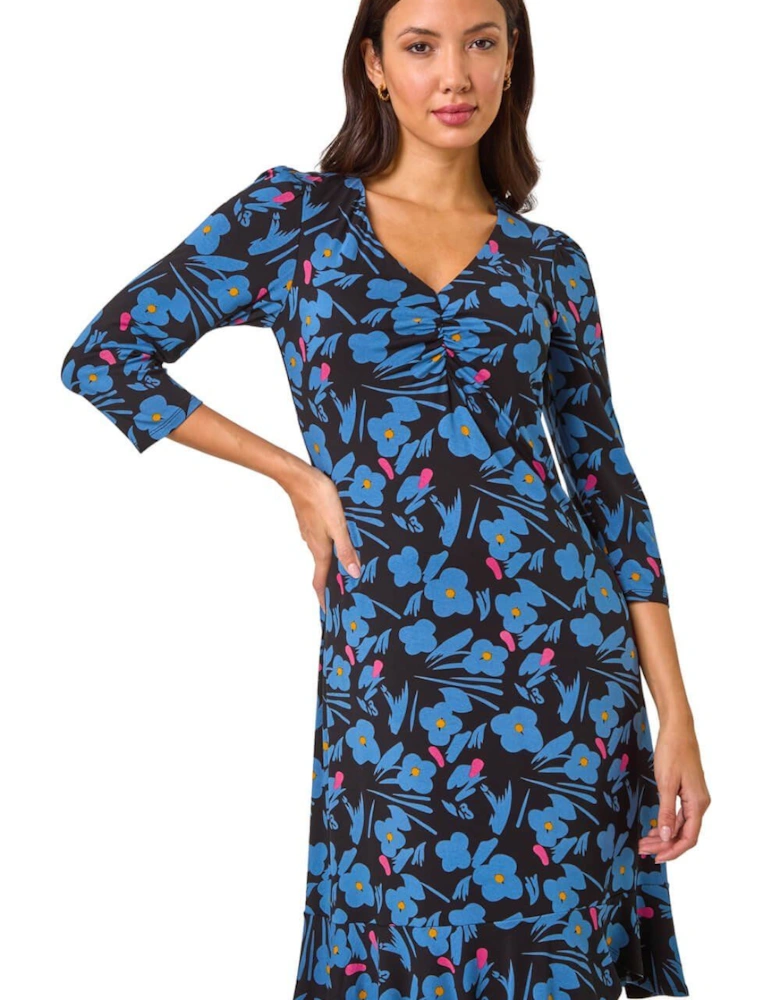 Floral Print V-Neck Ruched Dress